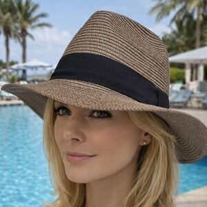 ❤️ Taupe Wide-Brim Fedora Style Sun Hat with Black Band